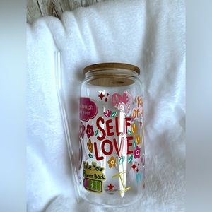 Self Love Glass Cup | 16oz Libbey Glass Can w Lid & Straw